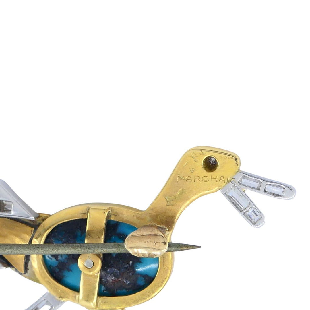Marchak French 18k Gold Platinum Diamond Turquoise Duck Brooch