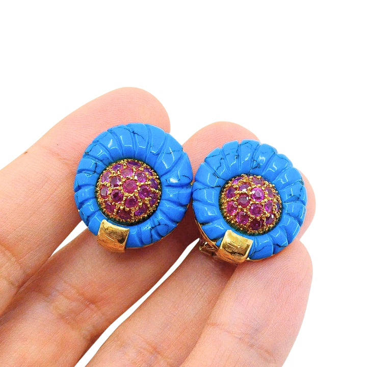 Vintage Carved Turquoise 18k Gold Ruby Stud Earrings