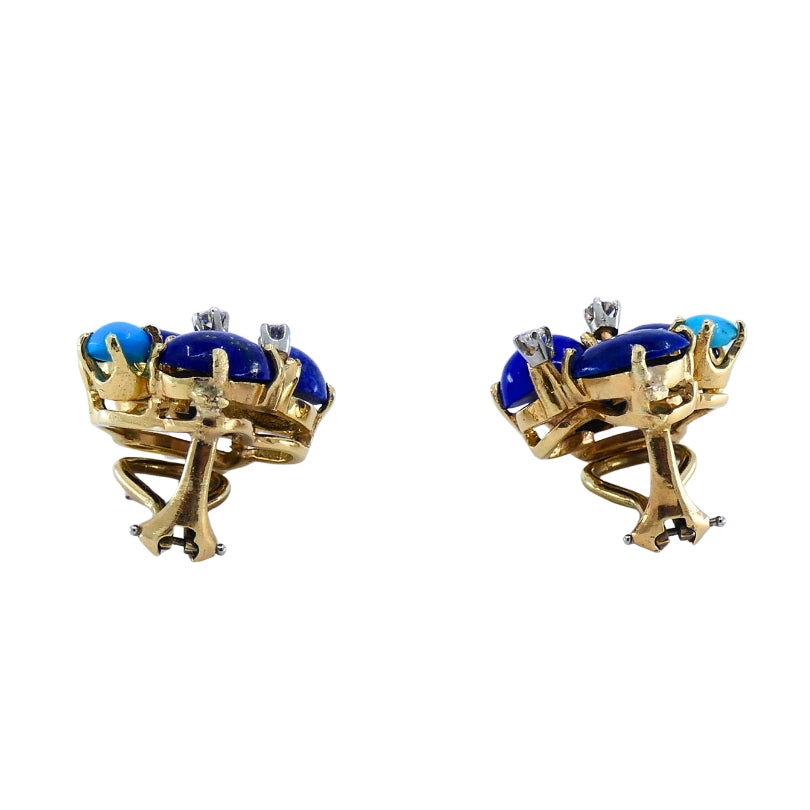 Vintage 14k Gold Lapis Lazuli Turquoise Diamond Brooch & Earrings Set