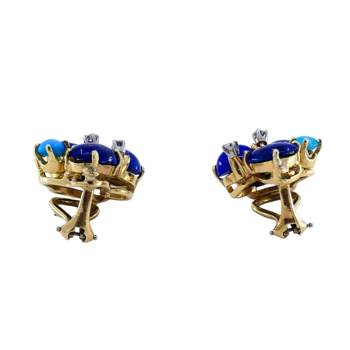 Vintage 14k Gold Lapis Lazuli Turquoise Diamond Brooch & Earrings Set