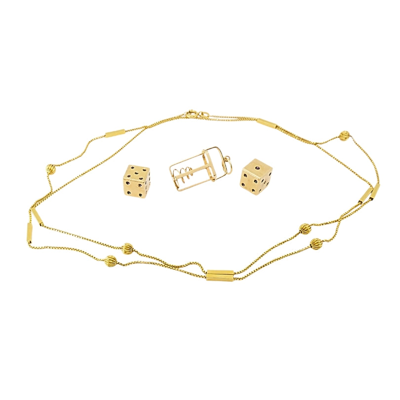 Vintage 14k Gold Dice Pendant with 18k Gold Bar Chain Necklace