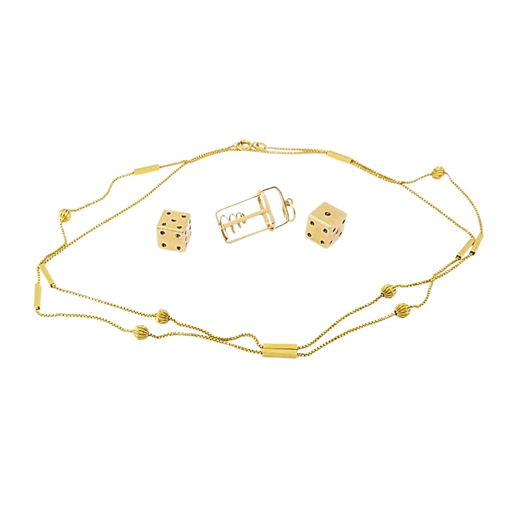 Vintage 14k Gold Dice Pendant with 18k Gold Bar Chain Necklace