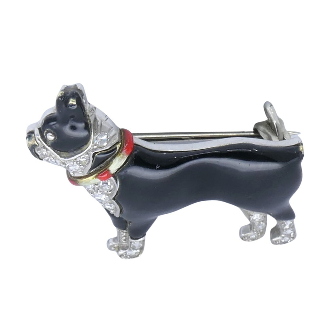 Art Deco Platinum Onyx Diamond Enamel French Bulldog Brooch, Circa 1920s–1930s