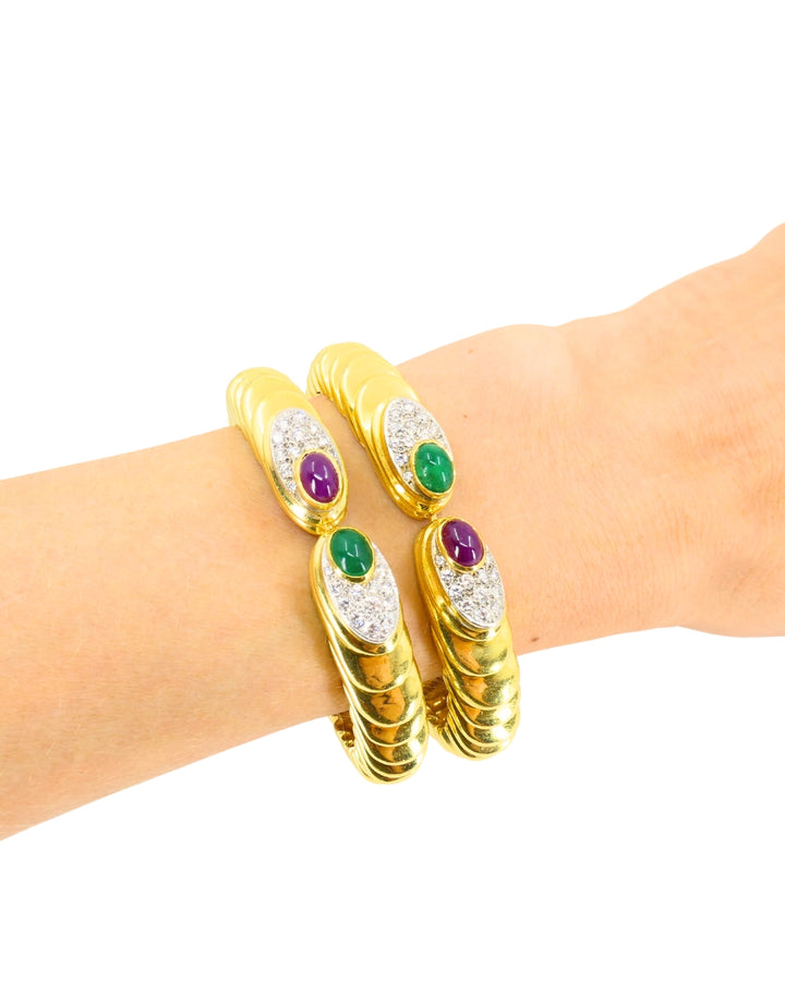 David Webb Pair of 18k Gold Bracelets Platinum Diamond Gemstone Cabochons