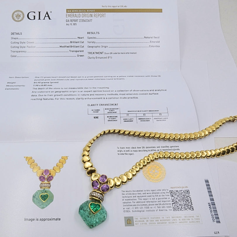 André Vassort 18k Gold Necklace Emerald Heart Pendant GIA