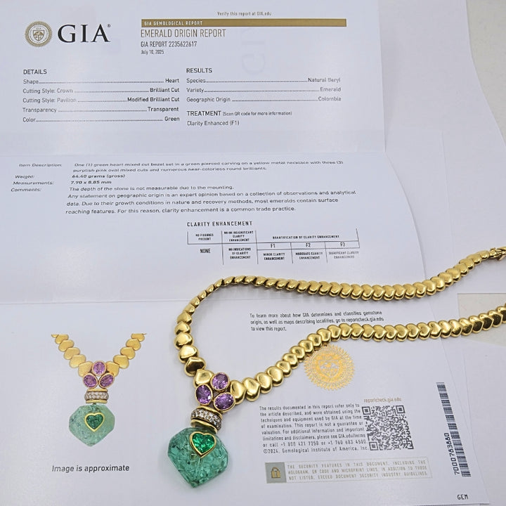 André Vassort 18k Gold Necklace Emerald Heart Pendant GIA