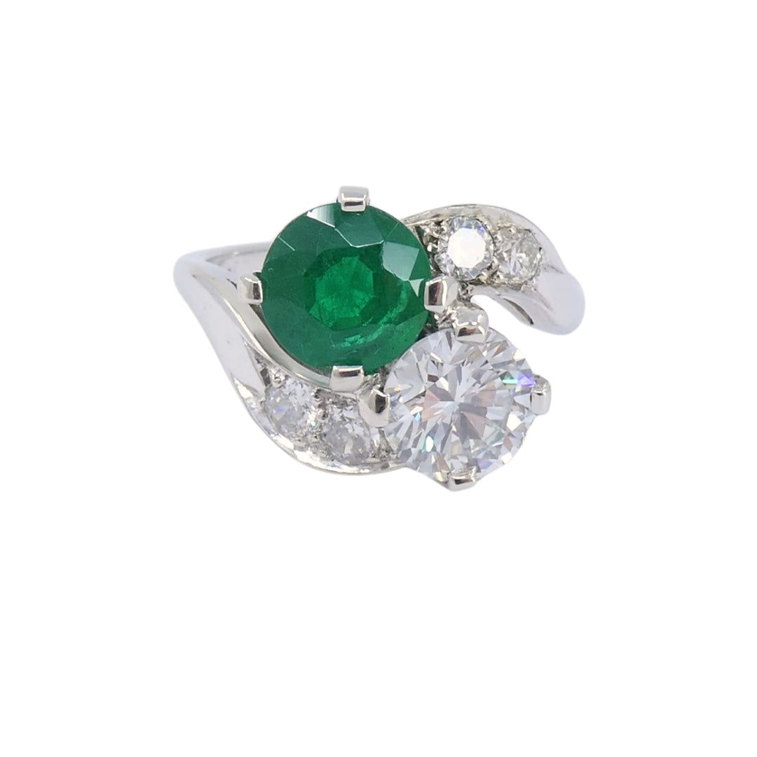 Vintage Platinum Toi et Moi Engagement Ring Diamond Emerald