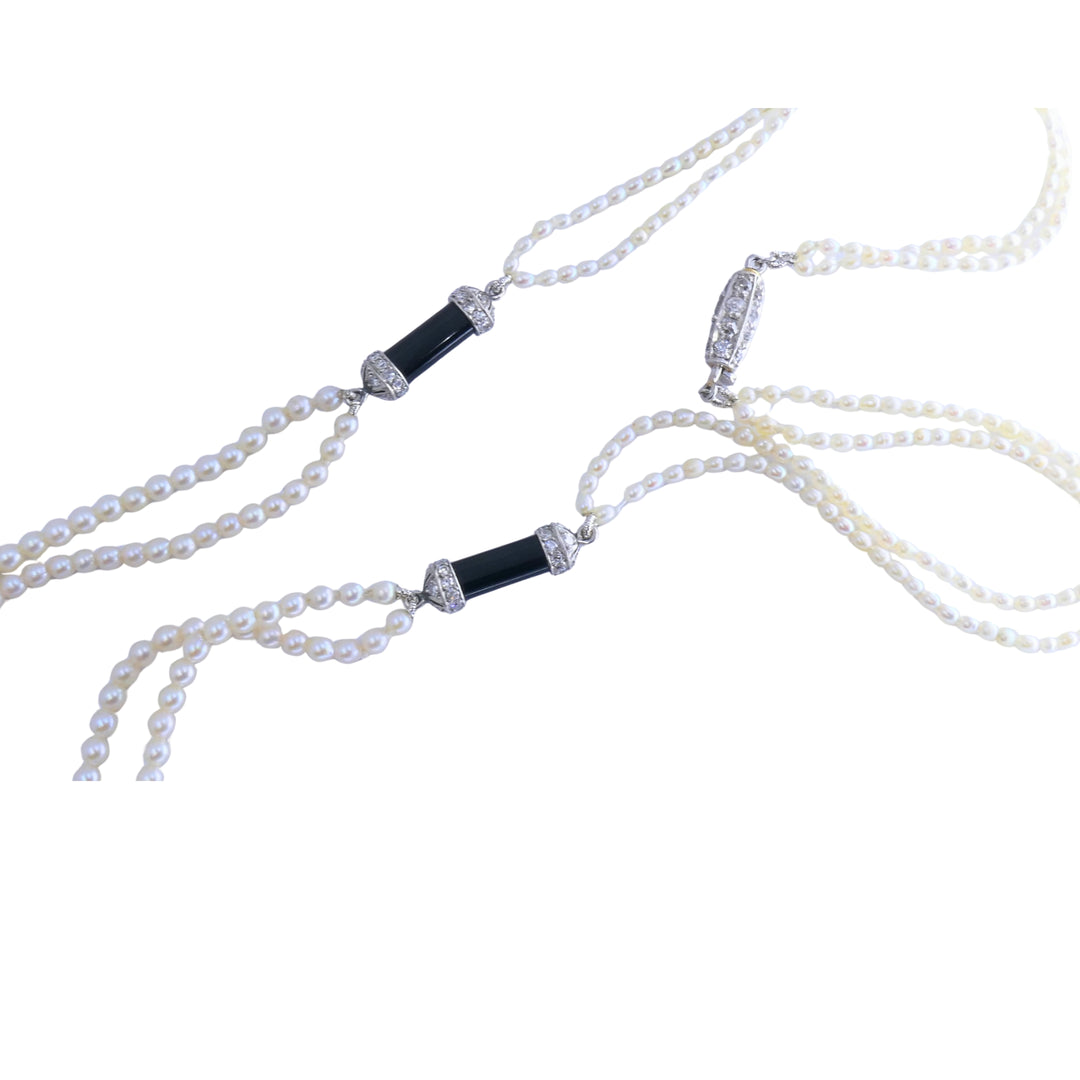 Art Deco Platinum Aquamarine Black Onyx Diamond Pearl Necklace