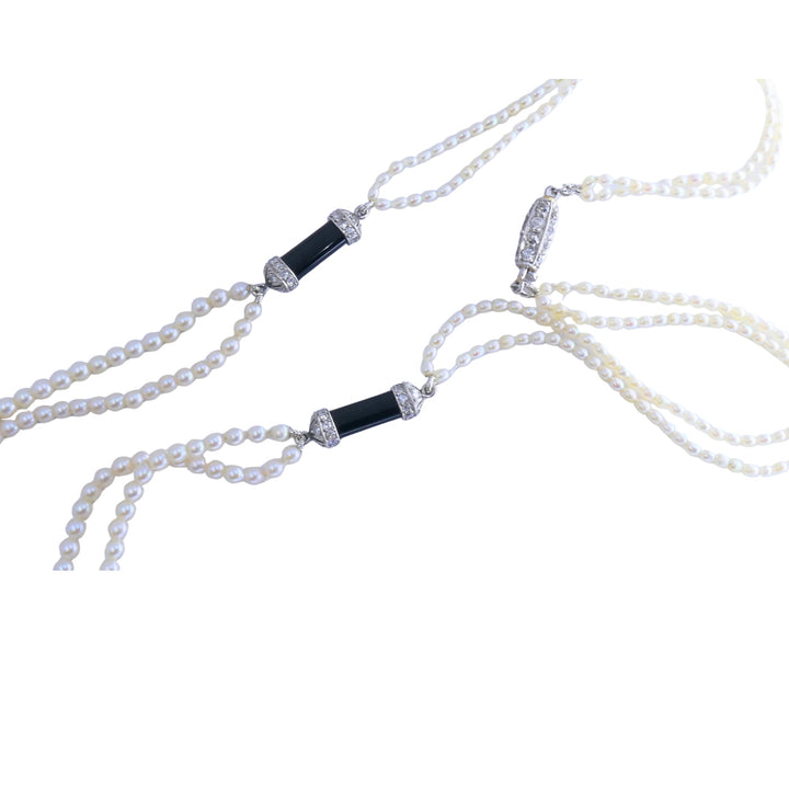 Art Deco Platinum Aquamarine Black Onyx Diamond Pearl Necklace