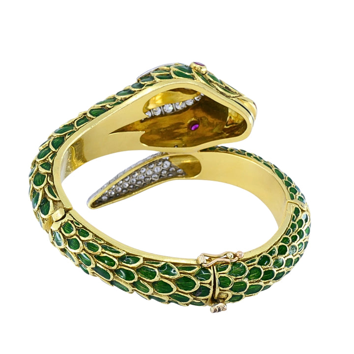 Vintage 18k Gold Platinum Snake Bangle Bracelet Diamond Yellow Sapphire Ruby