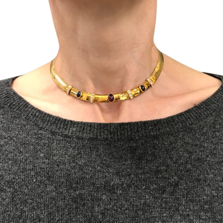 Vintage Van Cleef & Arpels 18k Gold Collar Necklace Sapphires Ruby Diamonds