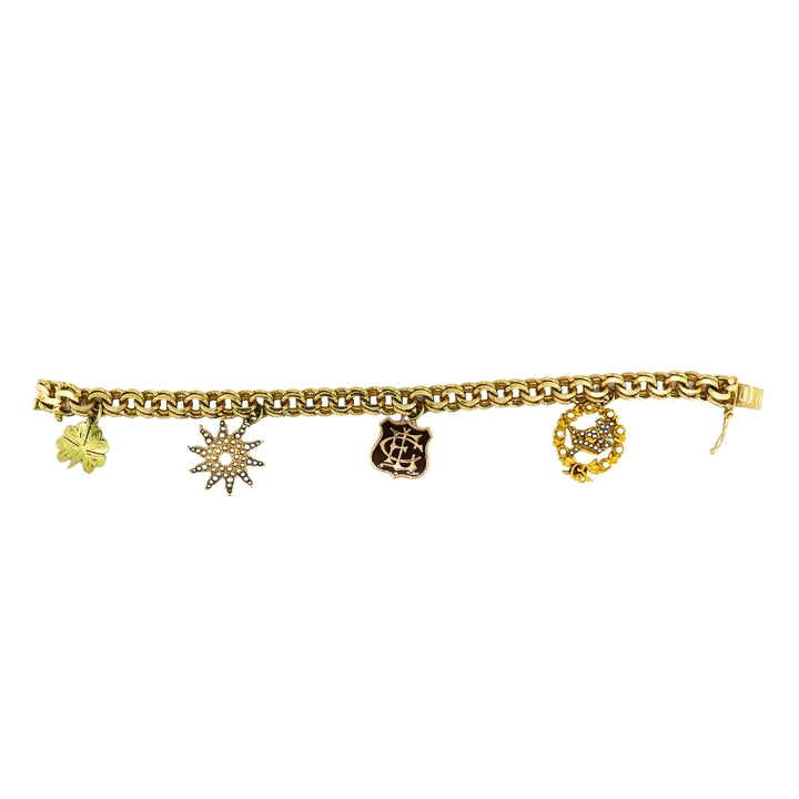 Victorian 14k Gold  Link Bracelet  Enamel Pearl & Engraved Charms