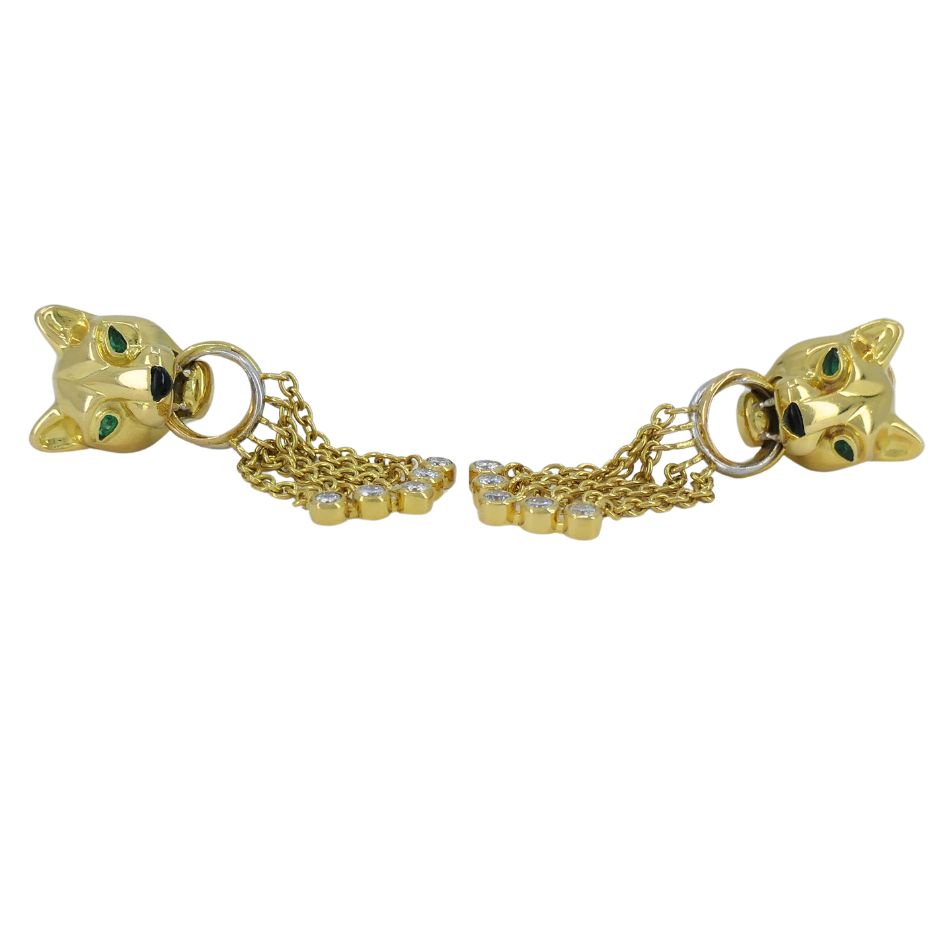 Vintage Panthère de Cartier 18k Gold Diamond Emerald Onyx Earrings