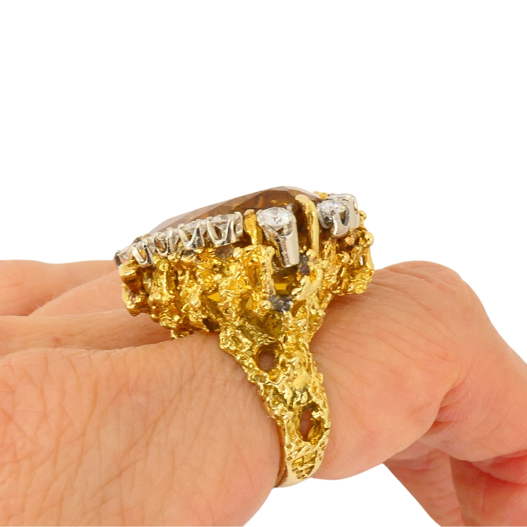 Vintage 18k Gold Citrine Diamond Ring Brutalist Design