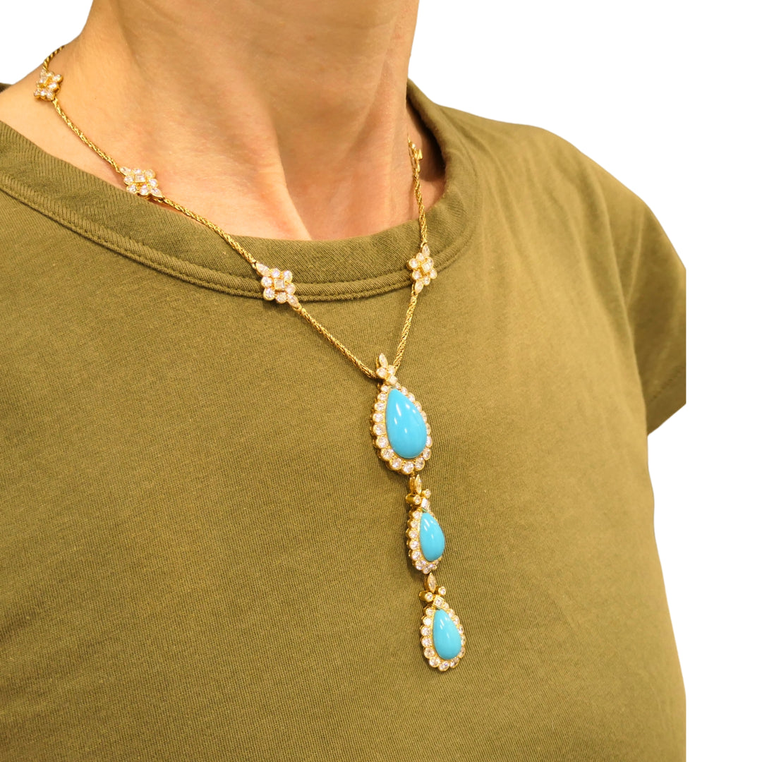 Chaumet Paris 18k Gold Diamond Turquoise Drop Necklace Three-Tiered Necklace