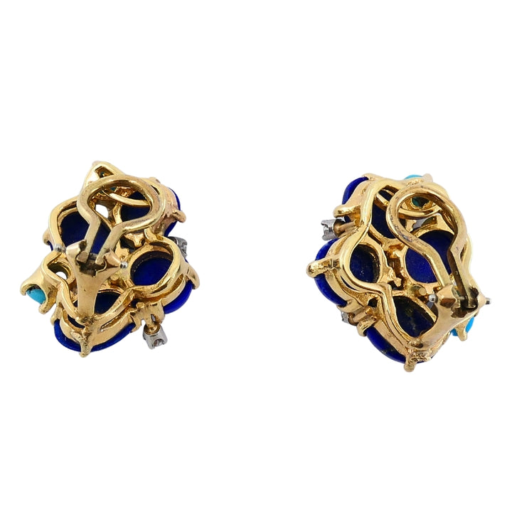 Vintage 14k Gold Lapis Lazuli Turquoise Diamond Brooch & Earrings Set