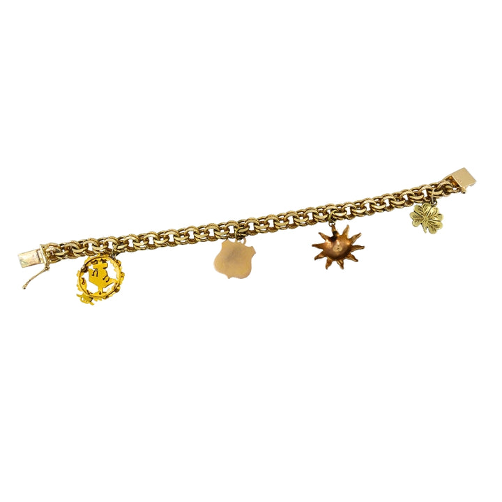 Victorian 14k Gold  Link Bracelet  Enamel Pearl & Engraved Charms