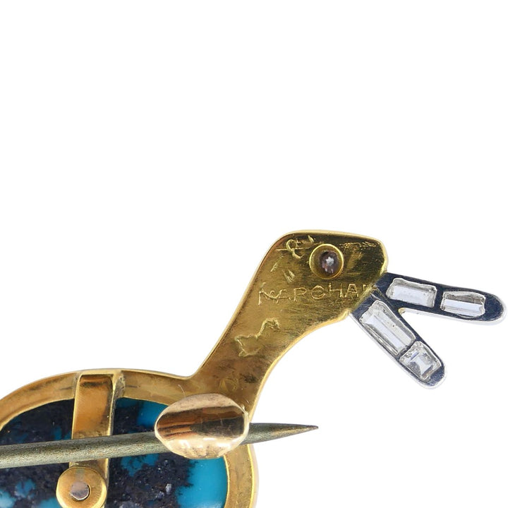 Marchak French 18k Gold Platinum Diamond Turquoise Duck Brooch