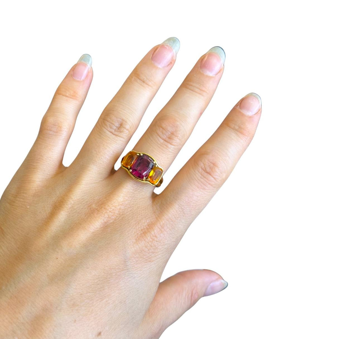 Verdura 18k Gold Rubellite and Madeira Citrine Three Stone Ring