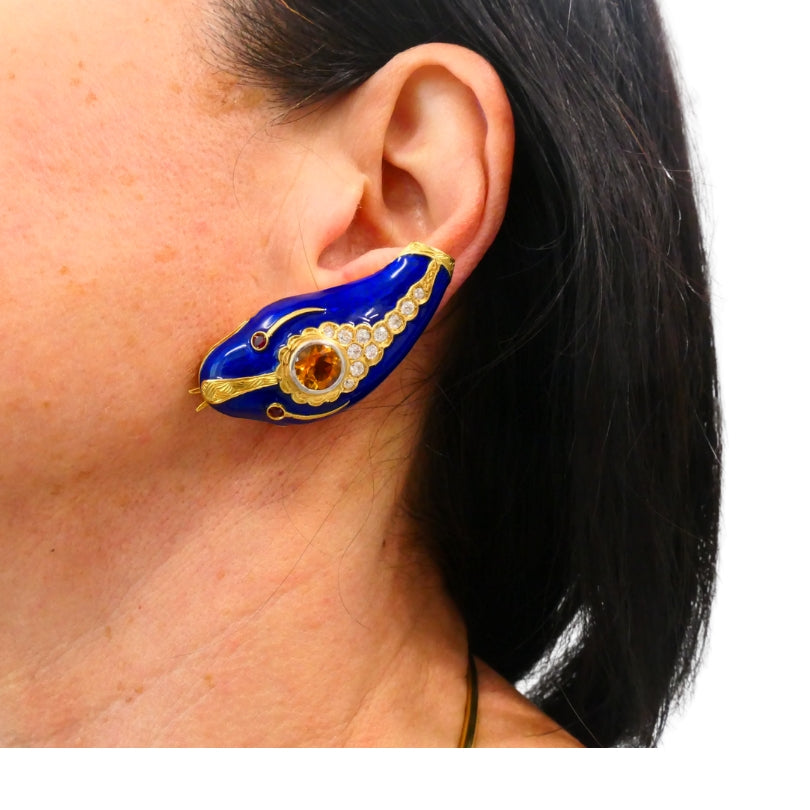 Vintage French 1950s Snake Earrings 18k Gold Platinum Blue Enamel Gemstones