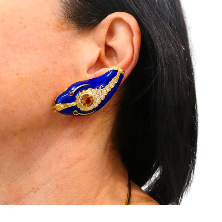 Vintage French 1950s Snake Earrings 18k Gold Platinum Blue Enamel Gemstones