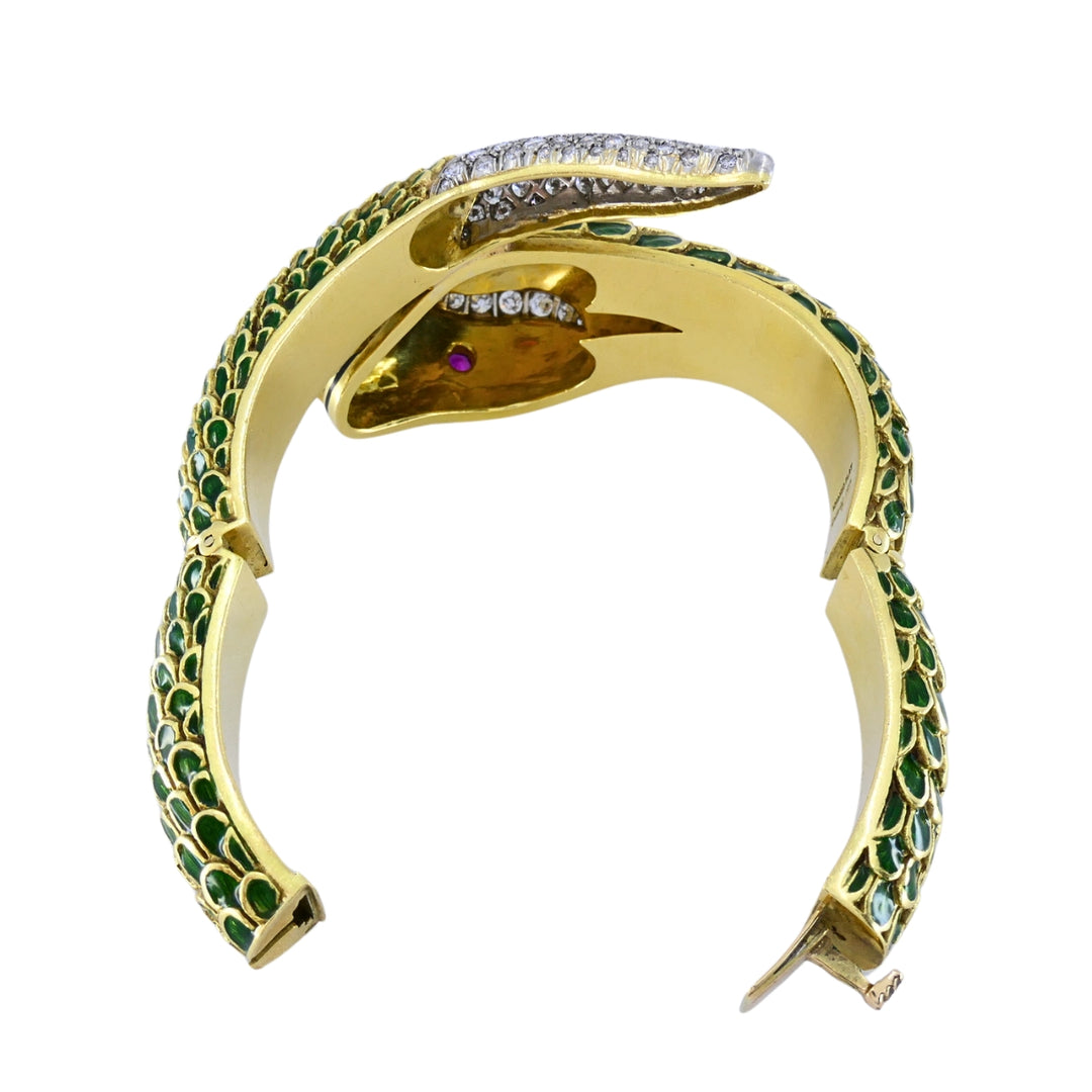 Vintage 18k Gold Platinum Snake Bangle Bracelet Diamond Yellow Sapphire Ruby
