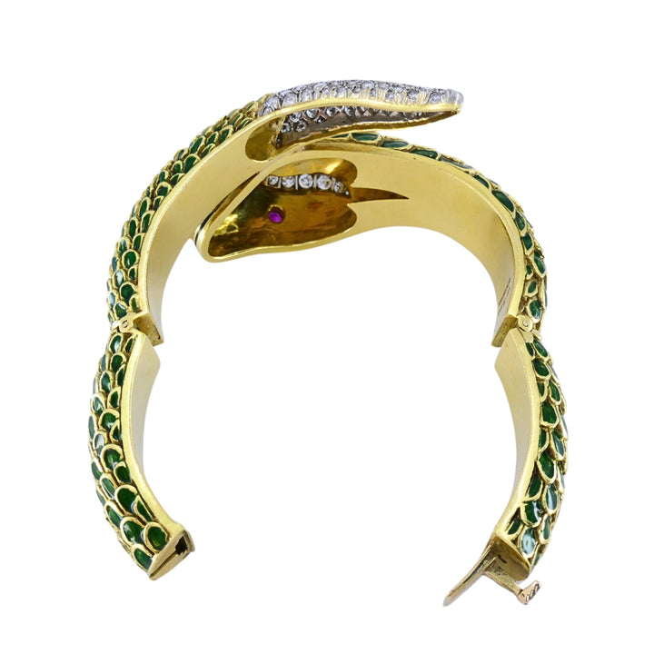 Vintage 18k Gold Platinum Snake Bangle Bracelet Diamond Yellow Sapphire Ruby