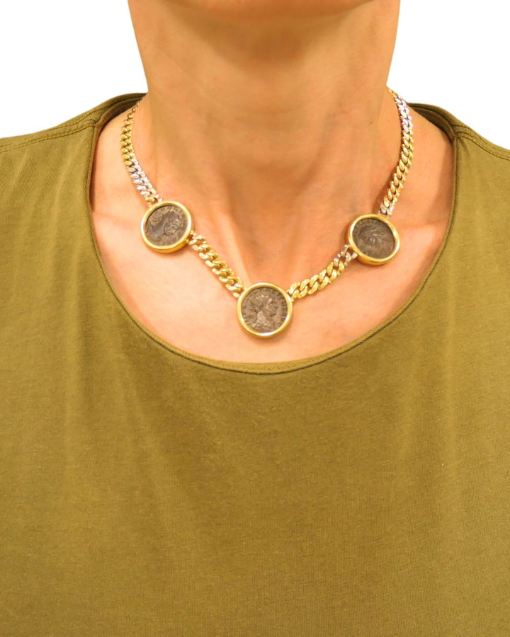 Bvlgari Bulgari Monete Coin Necklace 18k Tri Color Gold Chain Necklace Three Ancient Coins