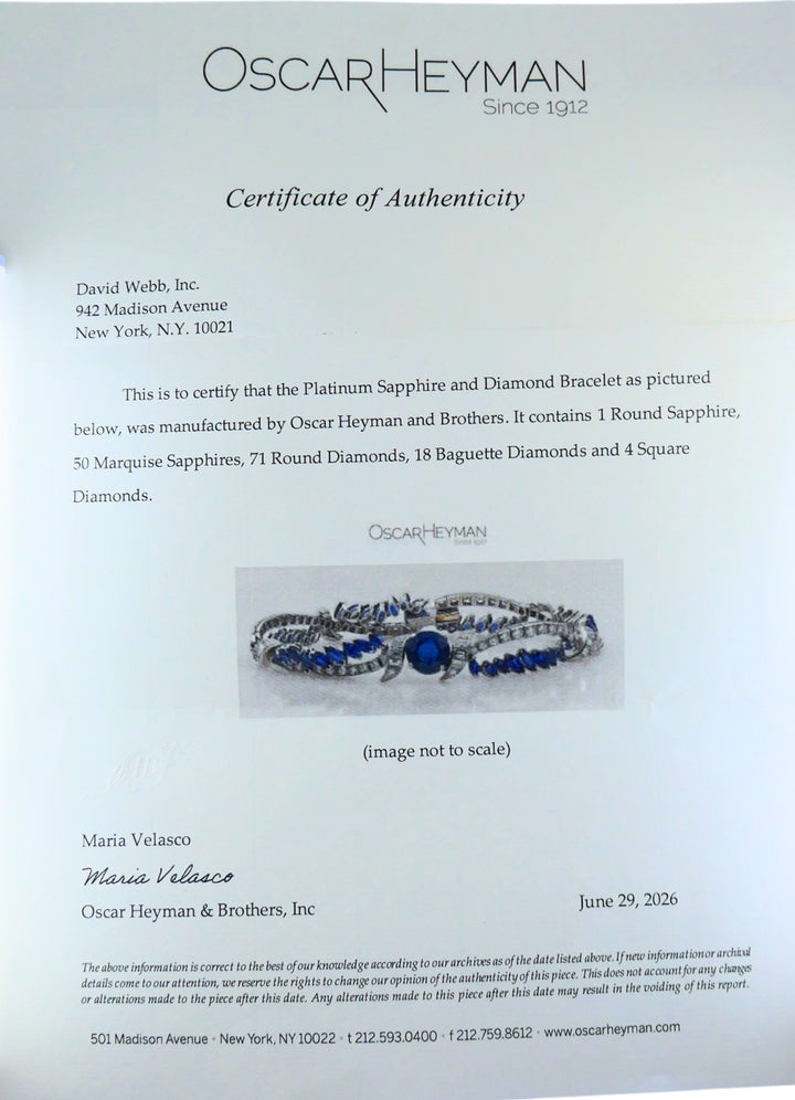 Oscar Heyman Platinum Sapphire Diamond Bracelet Certificate of Authenticity