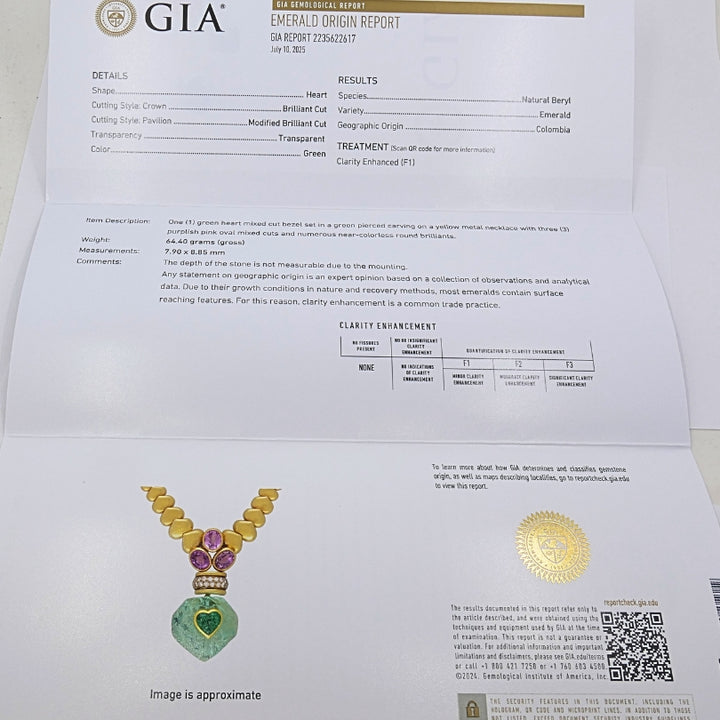 André Vassort 18k Gold Necklace Emerald Heart Pendant GIA