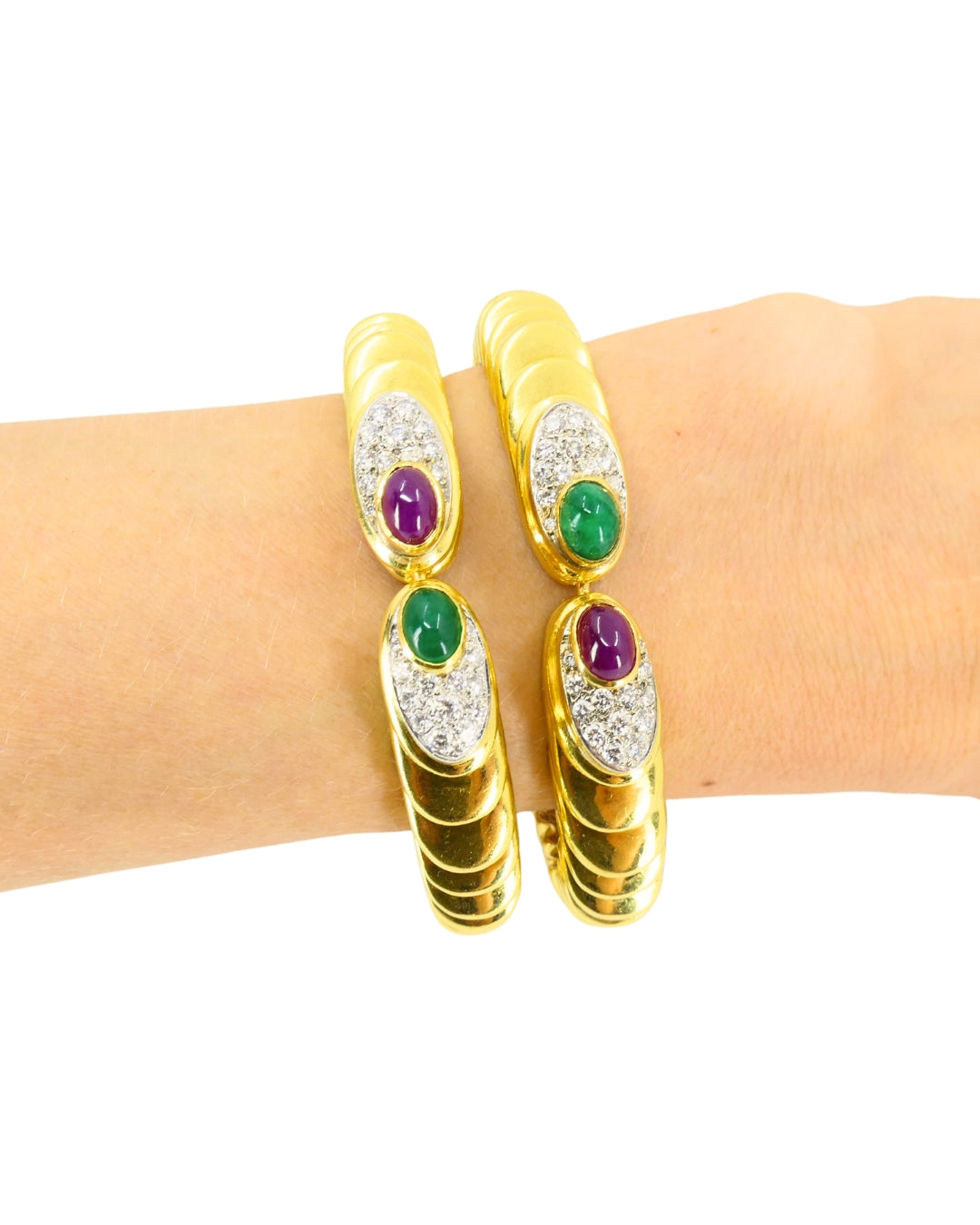 David Webb Pair of 18k Gold Bracelets Platinum Diamond Gemstone Cabochons