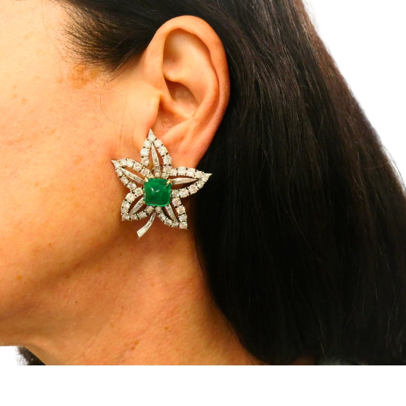 Vintage Platinum Diamond Floral Earrings Sugarloaf Emerald Estate Jewelry