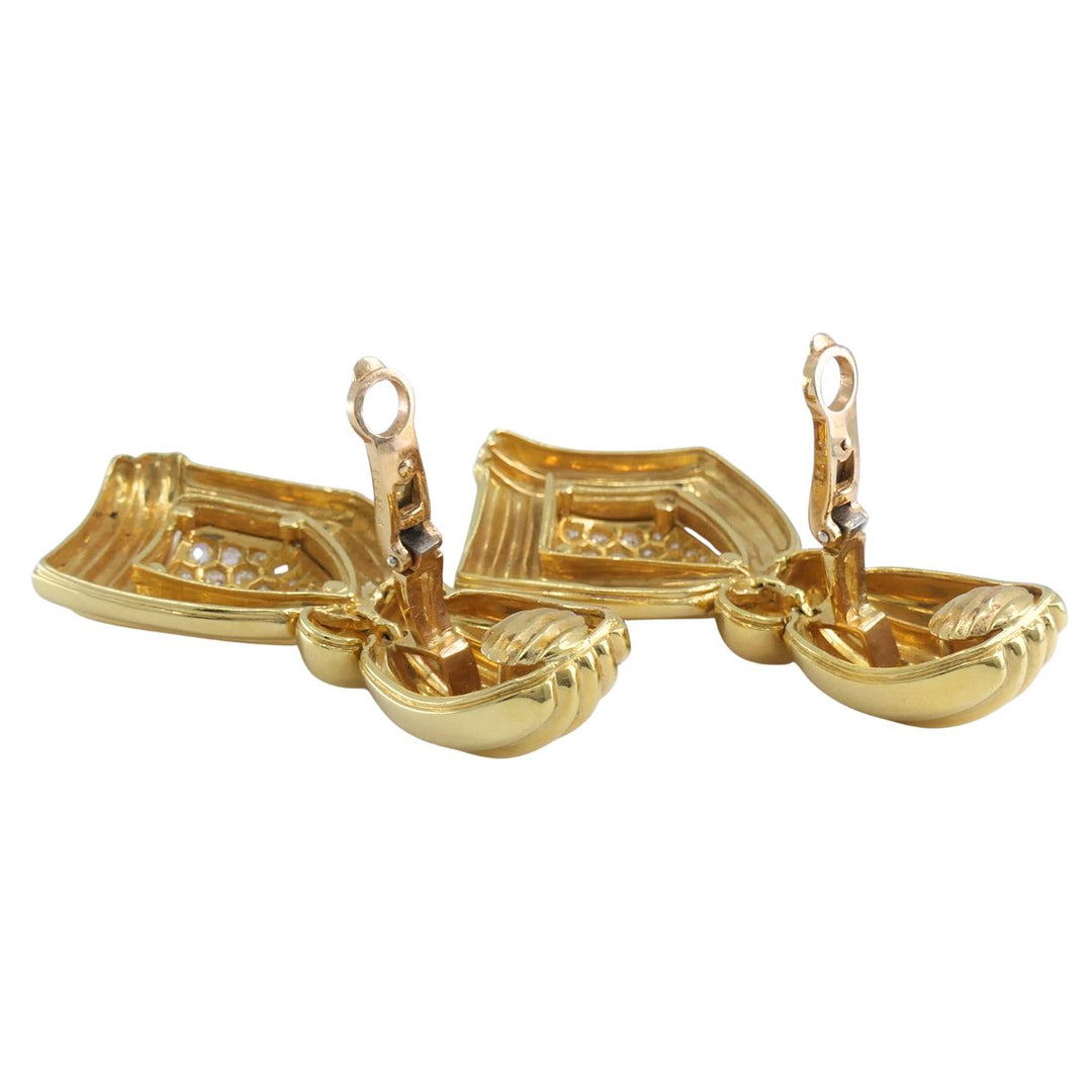 Vintage Boucheron Paris 18k Gold Diamond Ribbed Drop Earrings