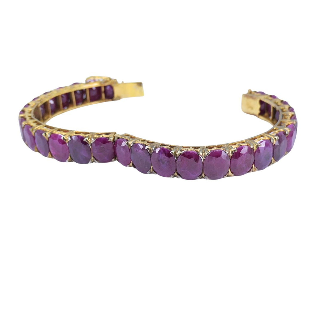 Vintage 18k Gold Ruby Hinged Bangle Bracelet Mid 20th century