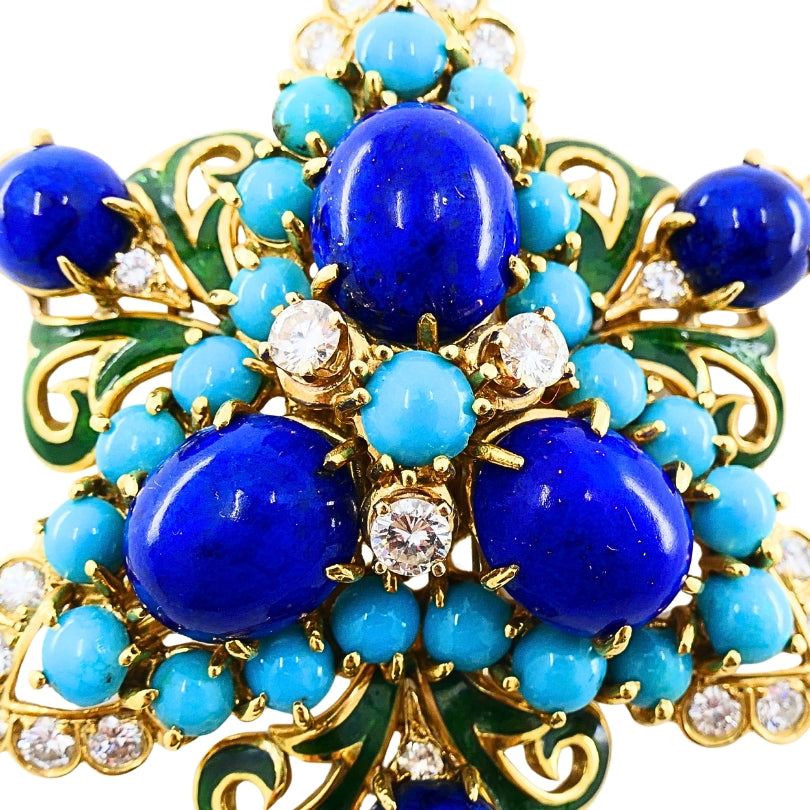 Vintage 14k Gold Lapis Lazuli Turquoise Diamond Brooch & Earrings Set