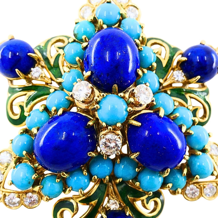 Vintage 14k Gold Lapis Lazuli Turquoise Diamond Brooch & Earrings Set