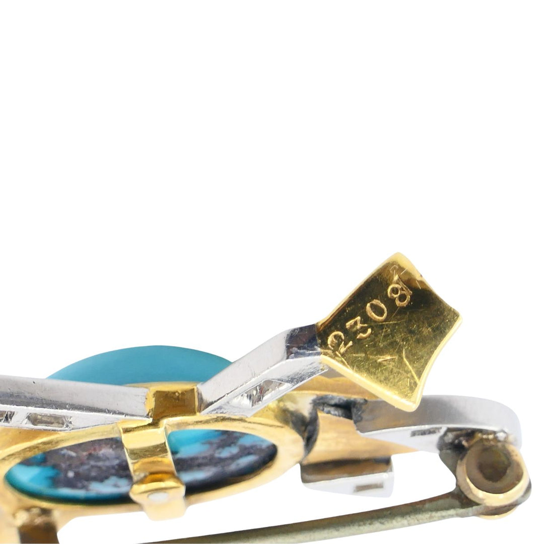 Marchak French 18k Gold Platinum Diamond Turquoise Duck Brooch