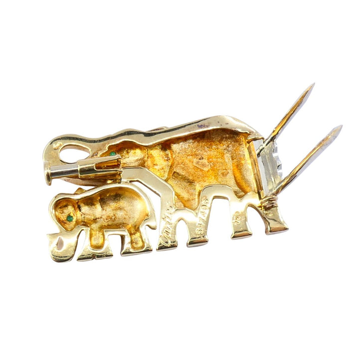 Vintage Cartier Ménagerie 18k Gold Emerald Mother and Baby Elephant Brooch