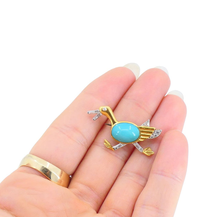 Marchak French 18k Gold Platinum Diamond Turquoise Duck Brooch
