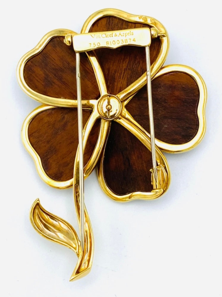 Van Cleef and Arpels Clematis Yellow Gold, Wood and Diamond Flower Clip Brooch