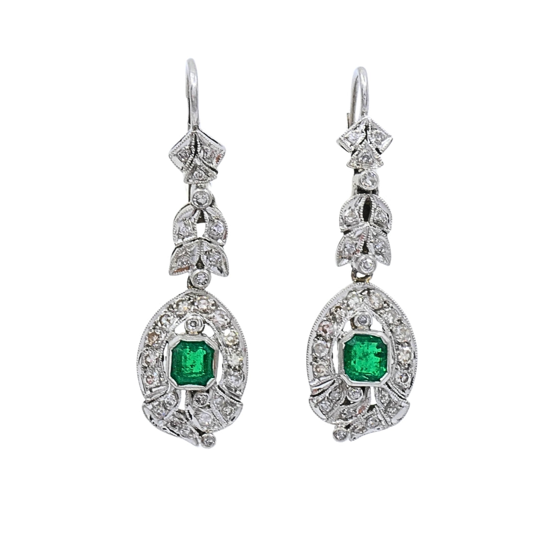 Art Deco-Style 12k White Gold Emerald Diamond Drop Earrings