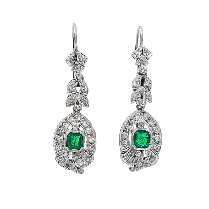 Art Deco-Style 12k White Gold Emerald Diamond Drop Earrings