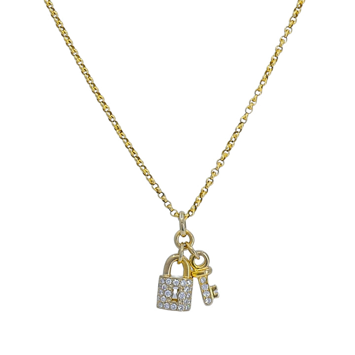 14k Gold Diamond Lock & Key Pendant Necklace
