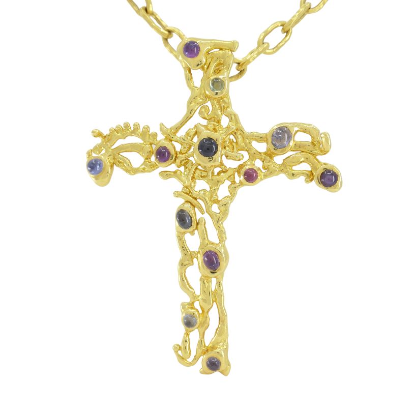 Vintage Jean Mahie 22k Gold Gemstone Cross Pendant Necklace