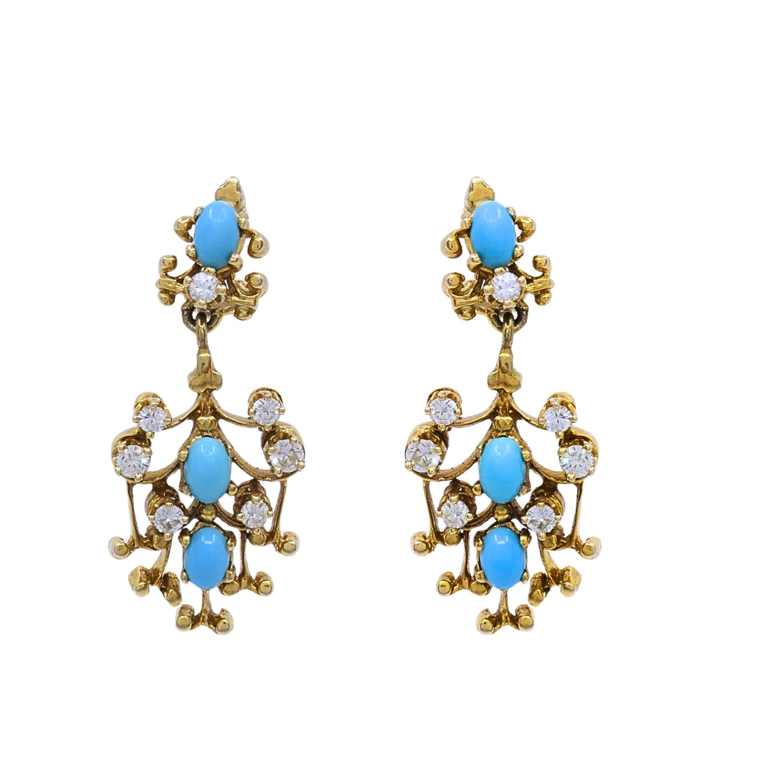 14k Yellow Gold Turquoise Diamond Scrollwork Drop Earrings