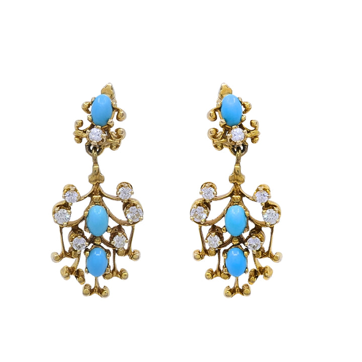 14k Yellow Gold Turquoise Diamond Scrollwork Drop Earrings