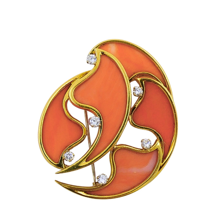 French Vintage Coral Diamond Brooch 18k Gold