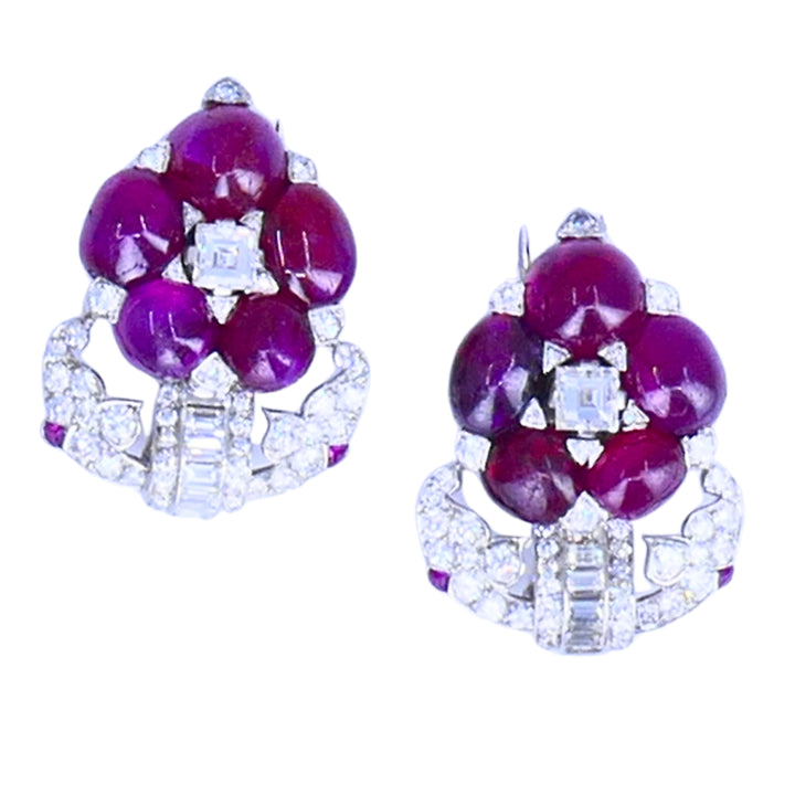 Art Deco No-Heat Cabochon Ruby Diamond Platinum Double Clip Brooch Pair