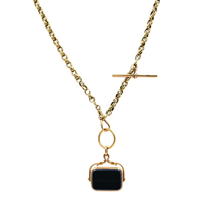 Antique 9k Gold Albert Chain Necklace Bloodstone Agate Pendant