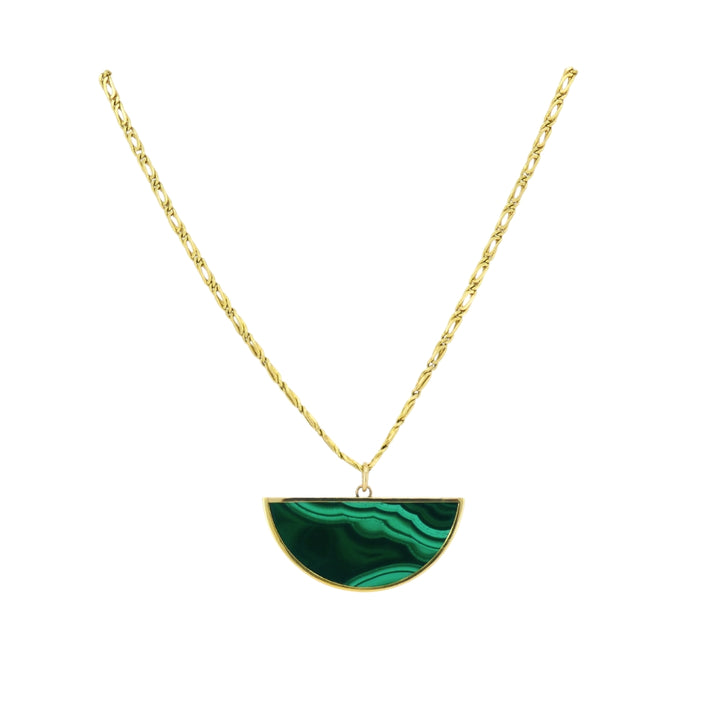 Vintage 18k Gold Necklace Malachite Pendant Oval Link Chain